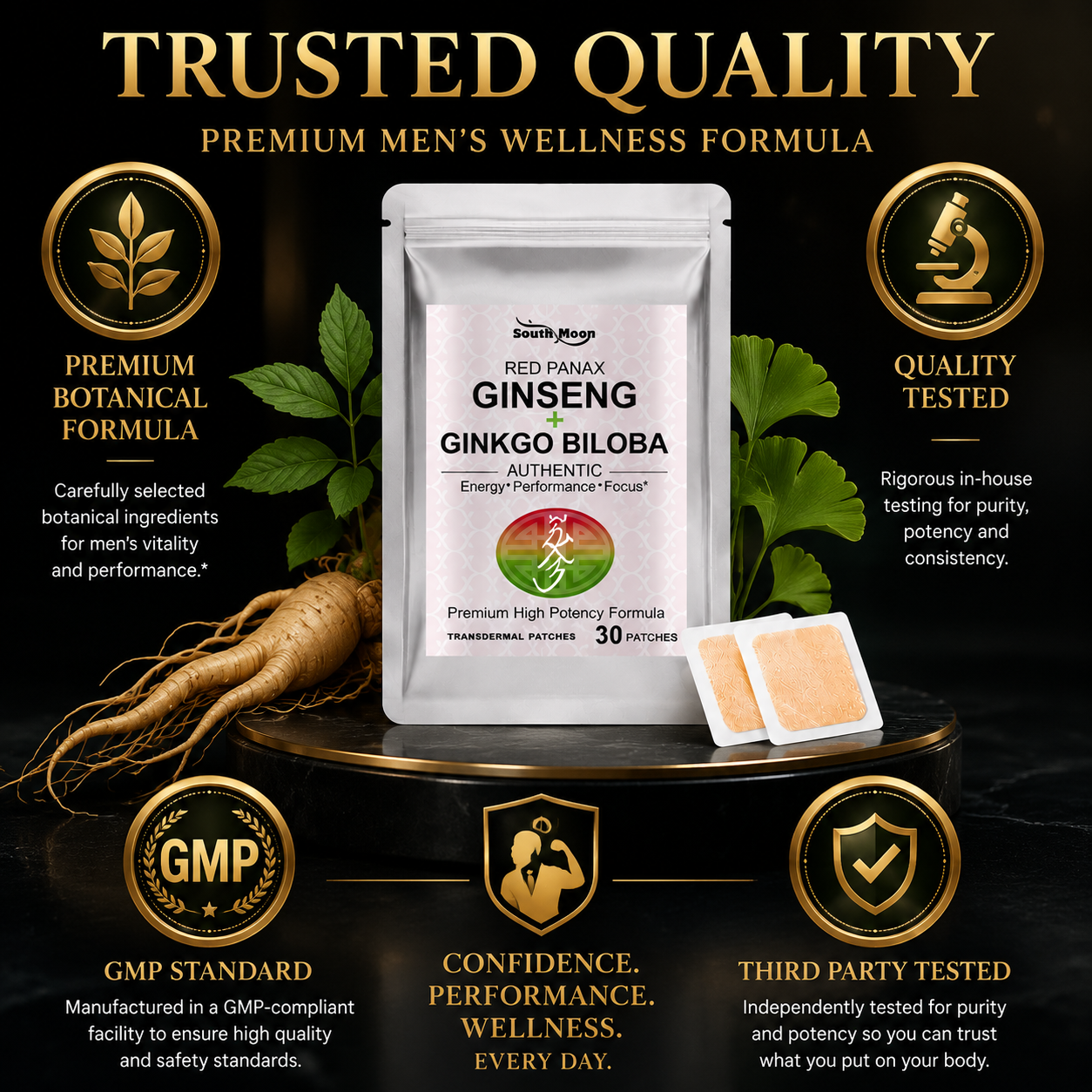 ⚡ South Moon Men’s Vitality Patch | Red Panax Ginseng + Ginkgo Biloba Transdermal Patch for Prostate Wellness & Daily Energy Support💪-&F